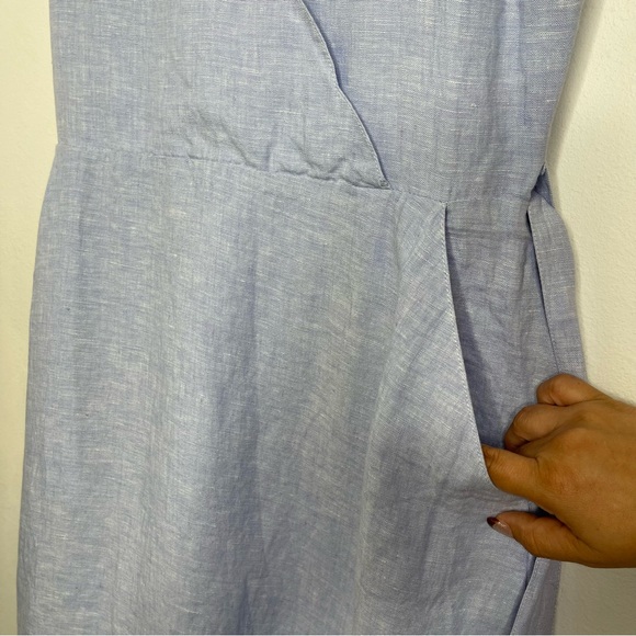 TAHARI Chambray 100% Linen Dress Sleeveless Pockets Scalloped V-neck Tie Size 6 - Picture 6 of 16